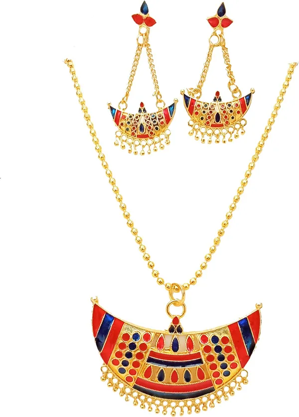 Assamese_Traditional_Gold_Plated_Red_Blue_Colour_Joonbiri_Chain_Jewellery_Set_For_Women